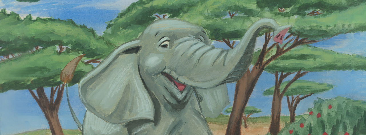 Illustration of Baby Elephant walking beneath the trees