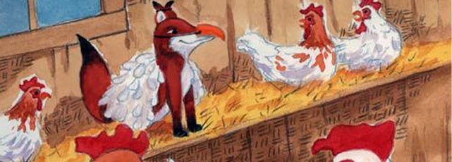 Illustration of the chickens and the fox in the barnyard